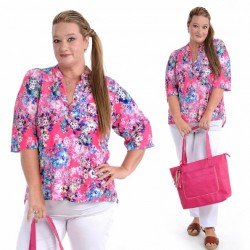 Blusa escote en V, estampado floral, 3 botones larga con bolsillo